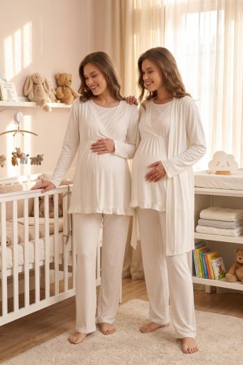 RİMEL Ekru Kruvaze Sade Uzun Kollu Sabahlıklı Lohusa Pijama Takımı  624